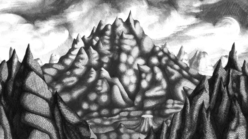 screen shot from Foodstuffs of pencil drawn mountains and clouds